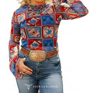 NEW LUCKY & BLESSED bandana printed mesh flare sleeve top in red white and blue